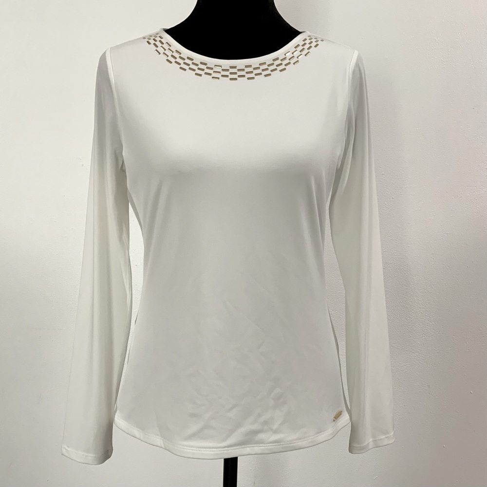 Calvin Klein Women's Embellished-Neck Top White Size SMALL